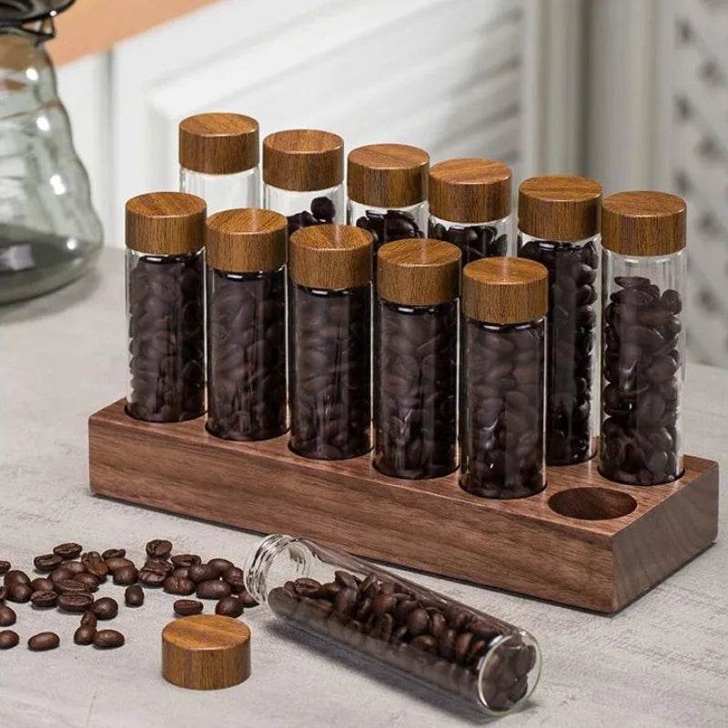 Frascos de Grãos de Café e Temperos com Estante de Nogueira - Haustter - Haustter