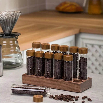 Frascos de Grãos de Café e Temperos com Estante de Nogueira - Haustter - Haustter