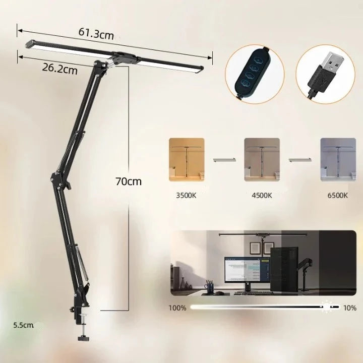 Lâmpada de Mesa LED Dupla Cabeça para Home Office, Lâmpada de Arquiteto com Braço Articulado e Grampo, 3 Iluminações - Haustter