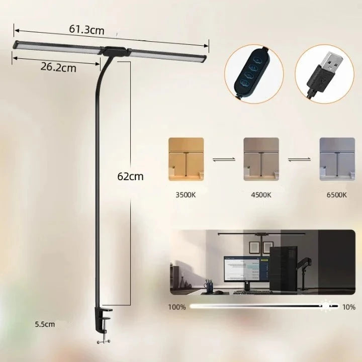 Lâmpada de Mesa LED Dupla Cabeça para Home Office, Lâmpada de Arquiteto com Braço Articulado e Grampo, 3 Iluminações - Haustter