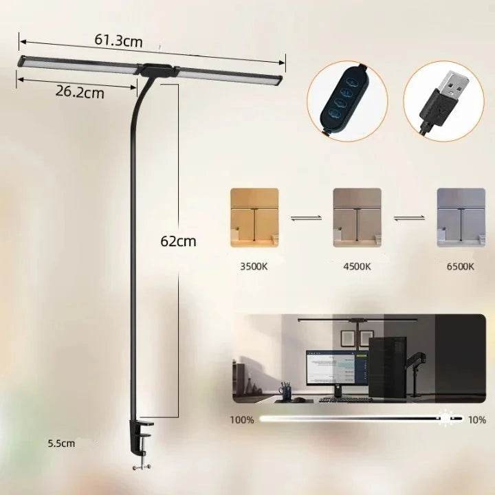Lâmpada de Mesa LED Dupla Cabeça para Home Office, Lâmpada de Arquiteto com Braço Articulado e Grampo, 3 Iluminações - Haustter - Haustter