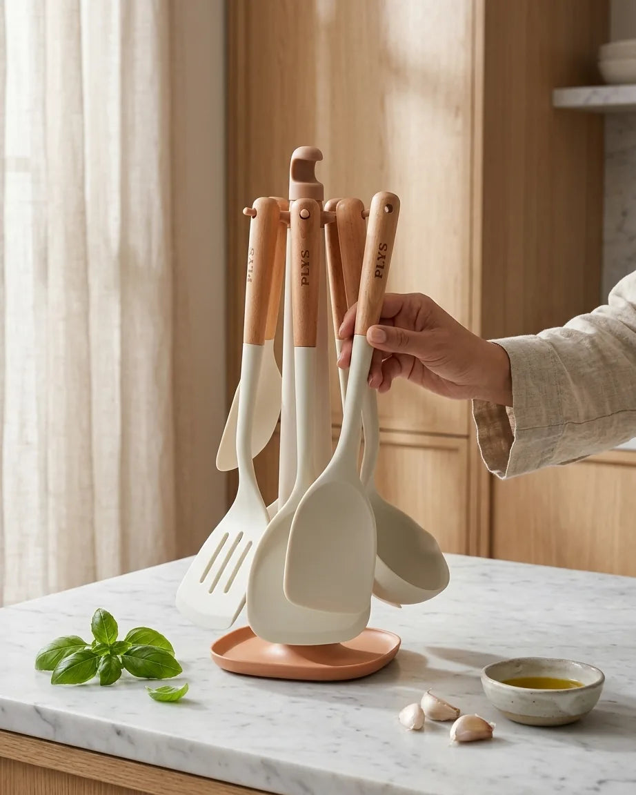 Conjunto de Utensílios de Silicone com Cabo de Madeira