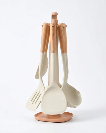 Conjunto de Utensílios de Silicone com Cabo de Madeira