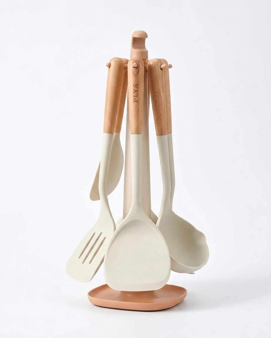 Conjunto de Utensílios de Silicone com Cabo de Madeira