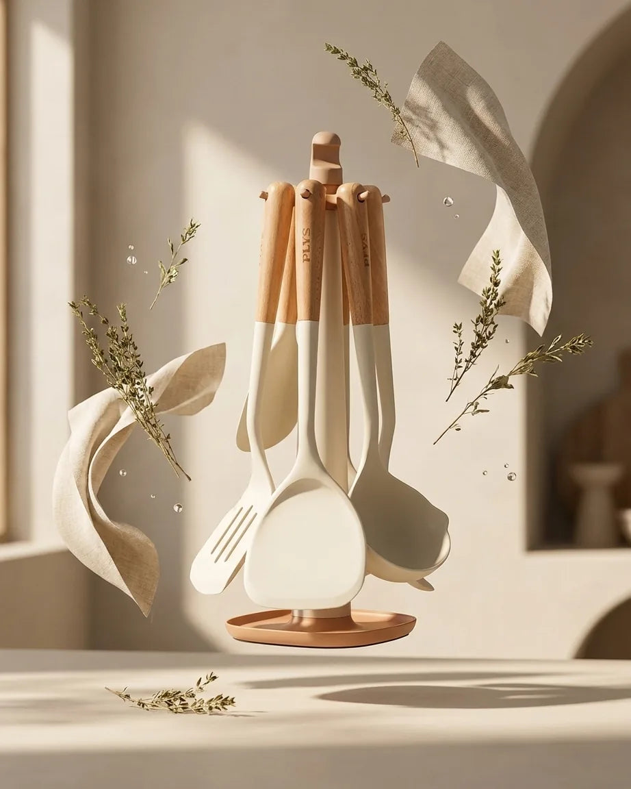 Conjunto de Utensílios de Silicone com Cabo de Madeira