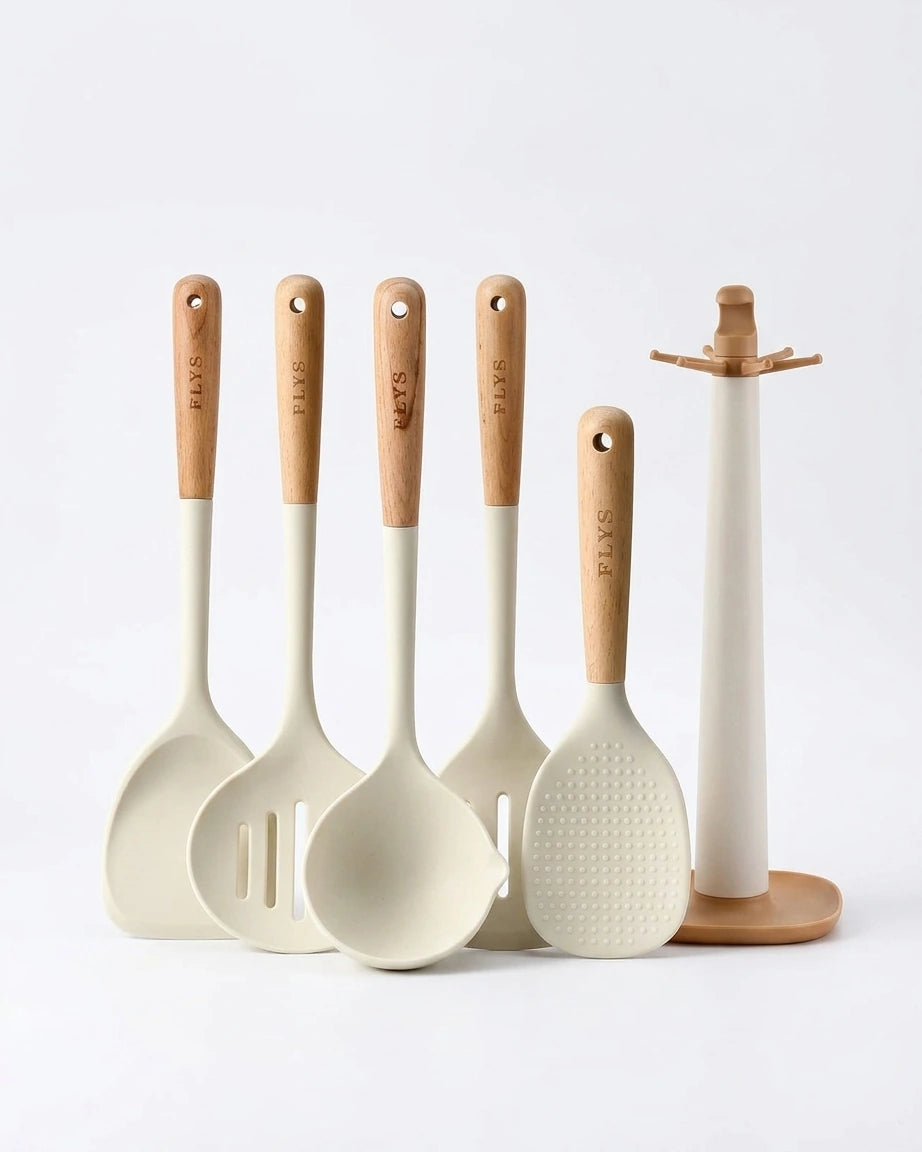 Conjunto de Utensílios de Silicone com Cabo de Madeira