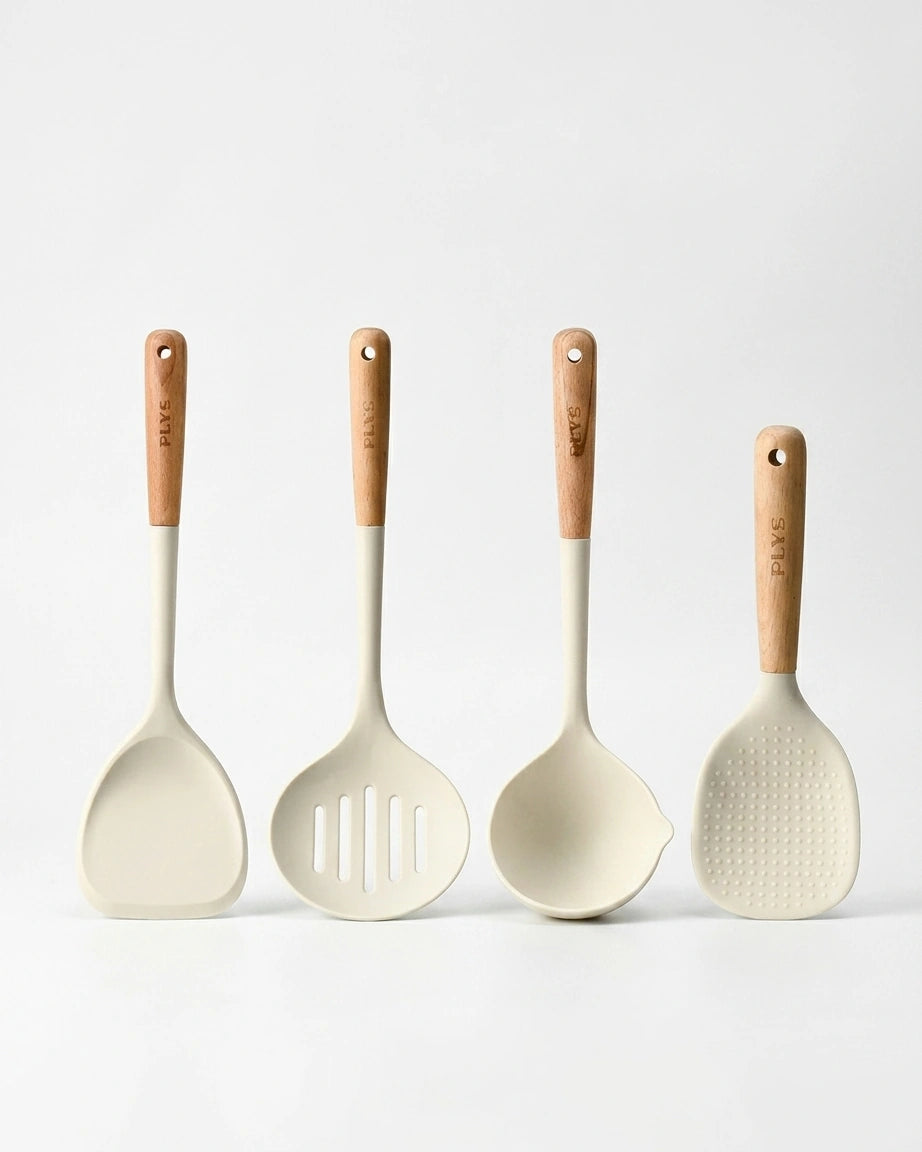 Conjunto de Utensílios de Silicone com Cabo de Madeira