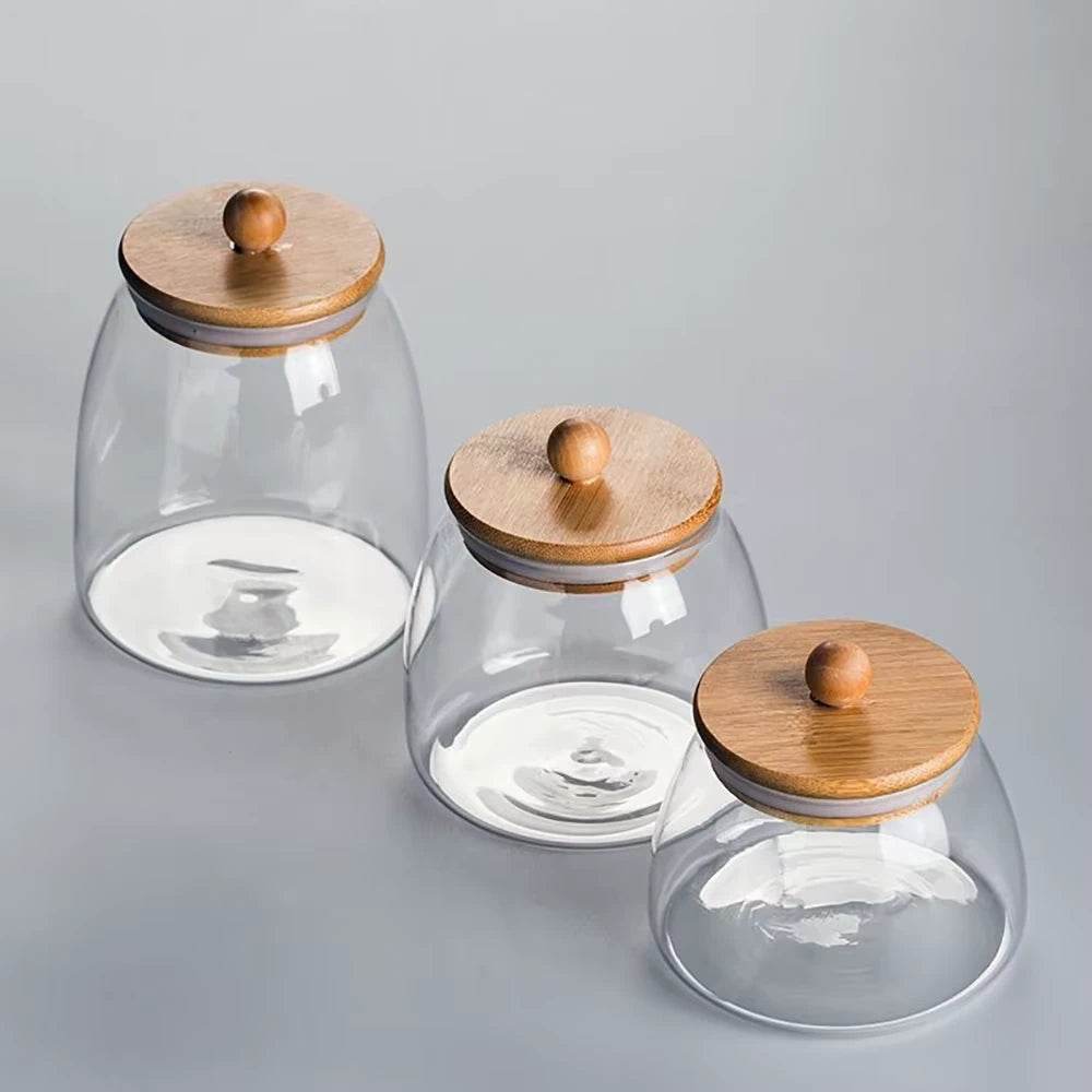 Pote de Armazenamento de Vidro com Puxador Oval e Tampa de Bambu - Haustter - Haustter