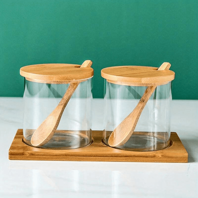 Conjunto de Potes de Tempero Redondos de Vidro com Tampa de Bambu - Organizador de Condimentos Delicado e Simples - Haustter - Haustter