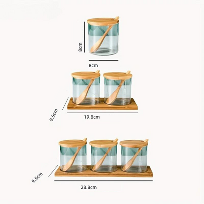 Conjunto de Potes de Tempero Redondos de Vidro com Tampa de Bambu - Organizador de Condimentos Delicado e Simples - Haustter