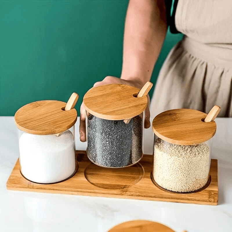 Conjunto de Potes de Tempero Redondos de Vidro com Tampa de Bambu - Organizador de Condimentos Delicado e Simples - Haustter - Haustter