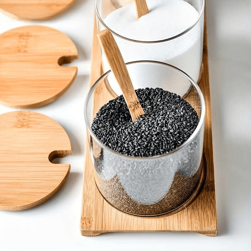Conjunto de Potes de Tempero Redondos de Vidro com Tampa de Bambu - Organizador de Condimentos Delicado e Simples - Haustter - Haustter