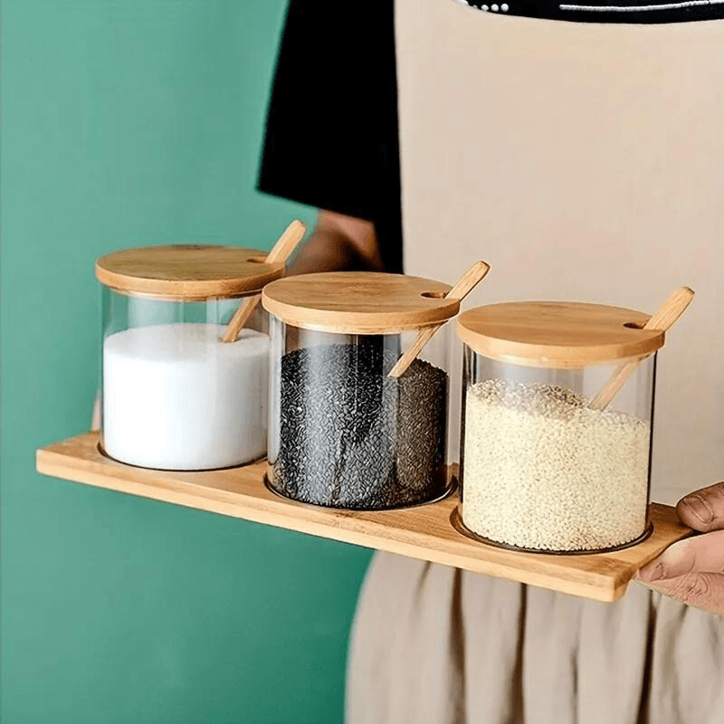 Conjunto de Potes de Tempero Redondos de Vidro com Tampa de Bambu - Organizador de Condimentos Delicado e Simples - Haustter - Haustter