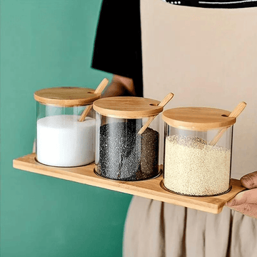 Conjunto de Potes de Tempero Redondos de Vidro com Tampa de Bambu - Organizador de Condimentos Delicado e Simples - Haustter - Haustter