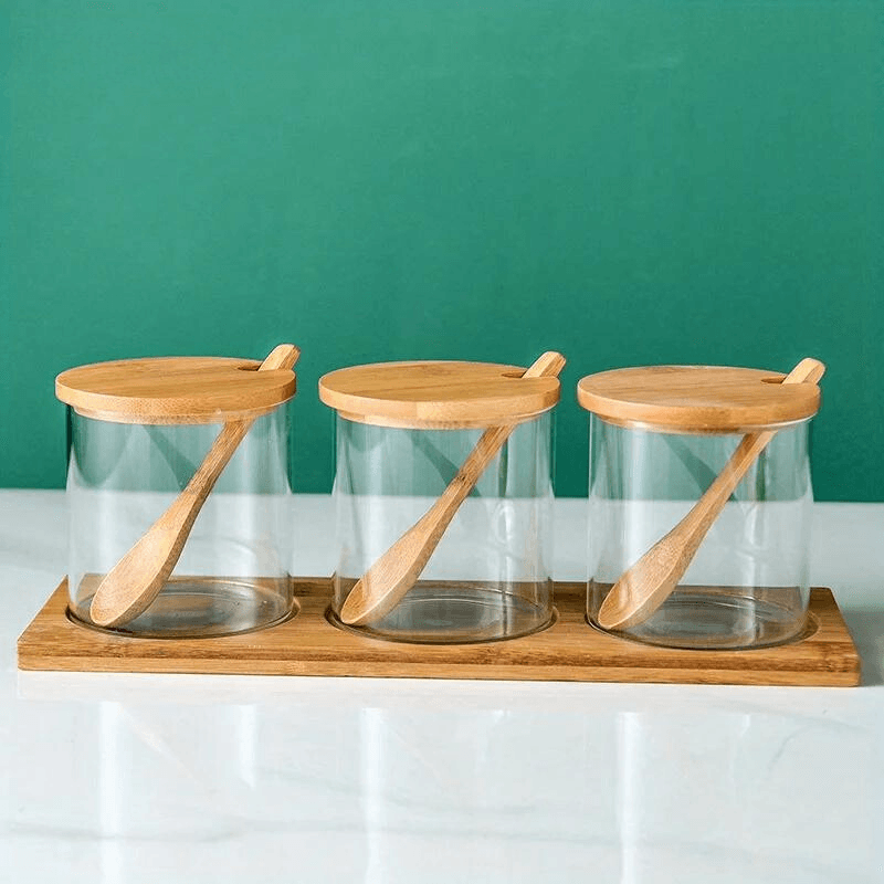 Conjunto de Potes de Tempero Redondos de Vidro com Tampa de Bambu - Organizador de Condimentos Delicado e Simples - Haustter - Haustter