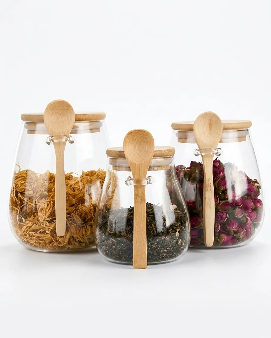 Potes de Vidro Selados + Colher de Bambu para Alimentos Nobres