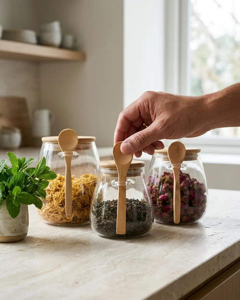 Potes de Vidro Selados + Colher de Bambu para Alimentos Nobres