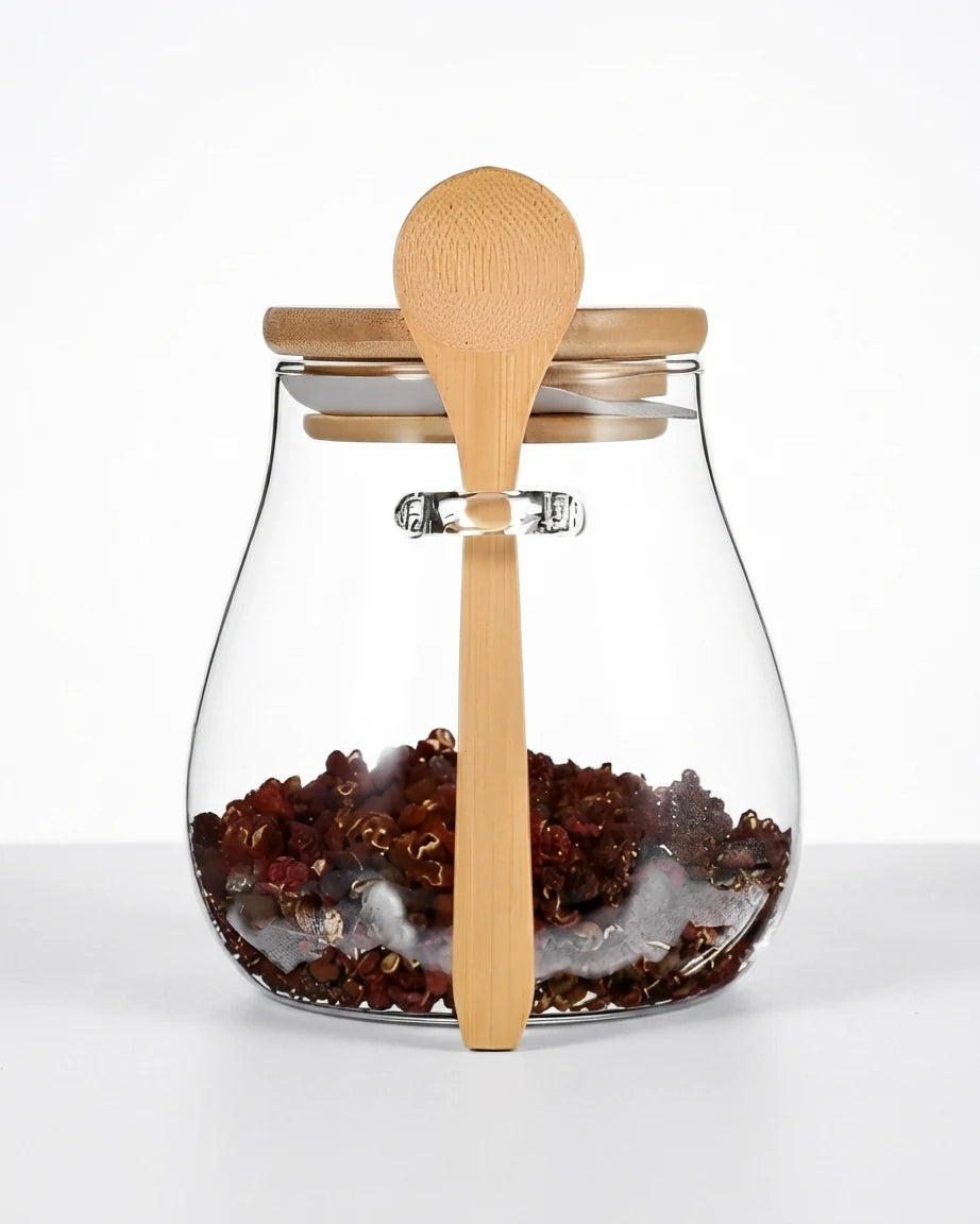 Potes de Vidro Selados + Colher de Bambu para Alimentos Nobres