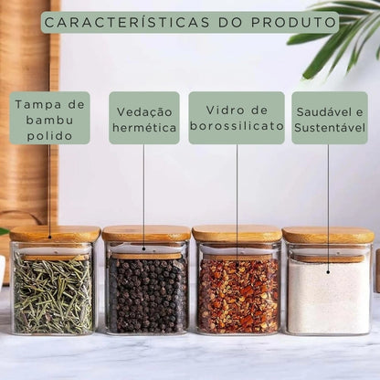 12 Potes de Vidro para Especiarias, Conjunto de Potes Quadrados com Tampas de Bambu, Recipientes para Armazenamento de Temperos - Haustter