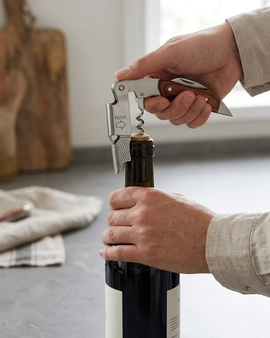 Saca-Rolhas Sommelier com Cabo de Madeira e Dobradiça Dupla em Aço Inoxidável