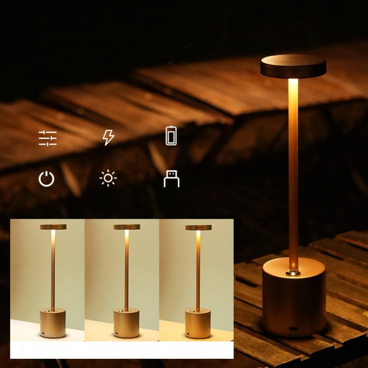 Candeeiro de mesa LED disponível nas cores ouro rosa, ouro, preto e branco, com ajuste de 3 modos de temperatura de cor (branco frio, branco quente e cor quente) e níveis de brilho contínuo, feito com carcaça de liga de alumínio impermeável e durável.